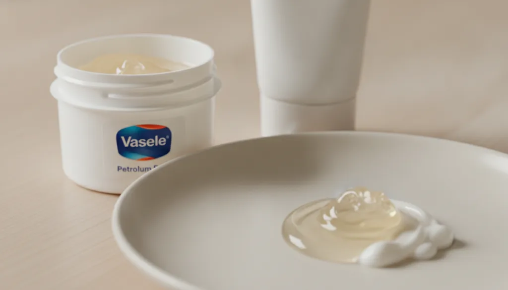 An open tub of Vaseline next to a tube or jar of a generic facial or body cream with a small amount of both products mix