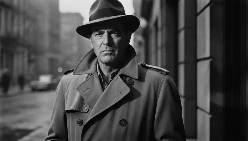 A real archival publicity photo of Humphrey Bogart in a trench coat and fedora embodying his tough-guy persona