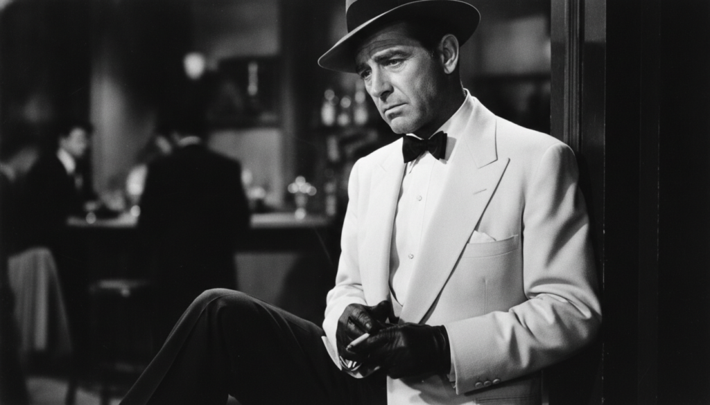 A real film still from Casablanca featuring Humphrey Bogart as Rick Blaine perhaps a close-up showing his expression wit