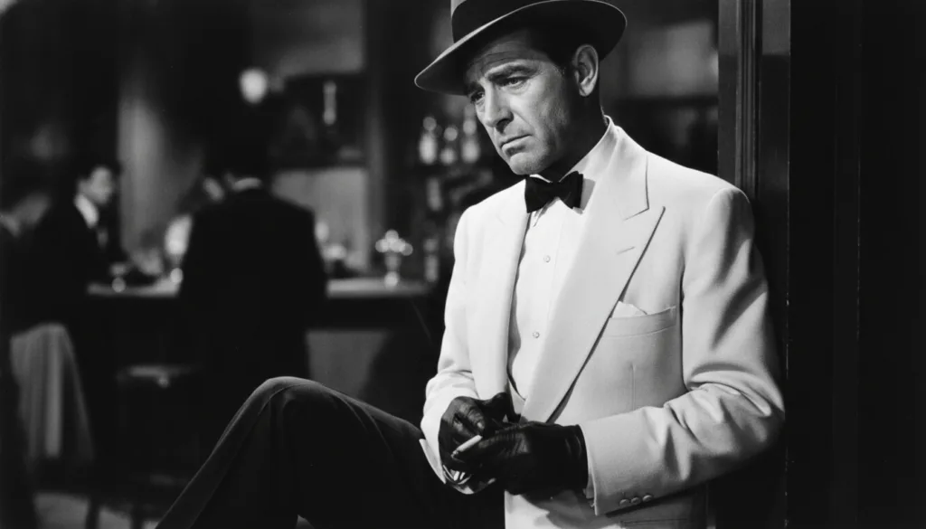 A real film still from Casablanca featuring Humphrey Bogart as Rick Blaine perhaps a close-up showing his expression wit