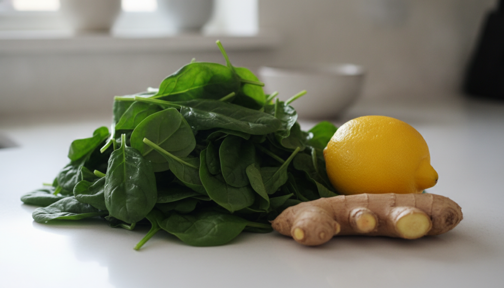 A close-up of fresh vibrant ingredients for a green smoothie spinach leaves a whole lemon and a piece of ginger root lai