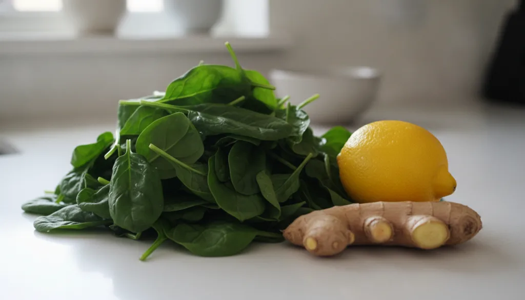A close-up of fresh vibrant ingredients for a green smoothie spinach leaves a whole lemon and a piece of ginger root lai