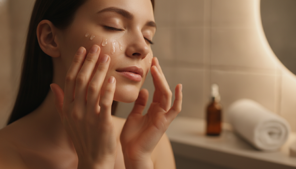 A woman gently massaging a few drops of serum into her face with a soft natural glow on her skin