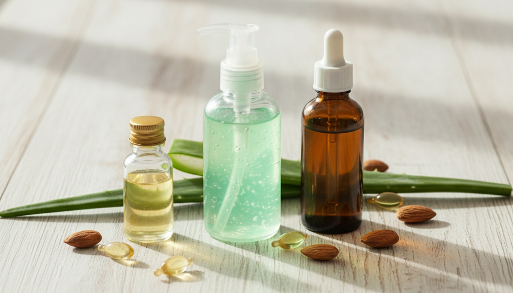 Bottles of aloe vera gel sweet almond oil and vitamin E oil arranged on a rustic wooden surface highlighting natural bea
