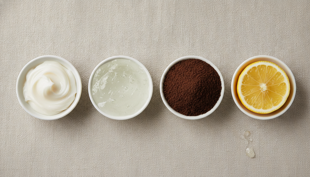 Individual small bowls containing the key ingredients Vaseline fresh aloe vera gel finely ground coffee and a slice of l