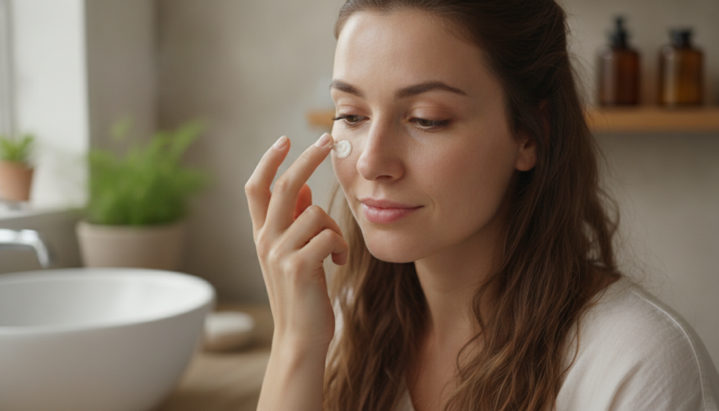A woman gently applying a small amount of the homemade Vaseline blend to her face focusing on the under-eye area or a da