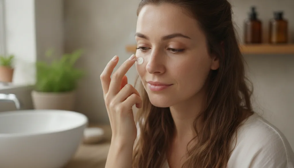 A woman gently applying a small amount of the homemade Vaseline blend to her face focusing on the under-eye area or a da