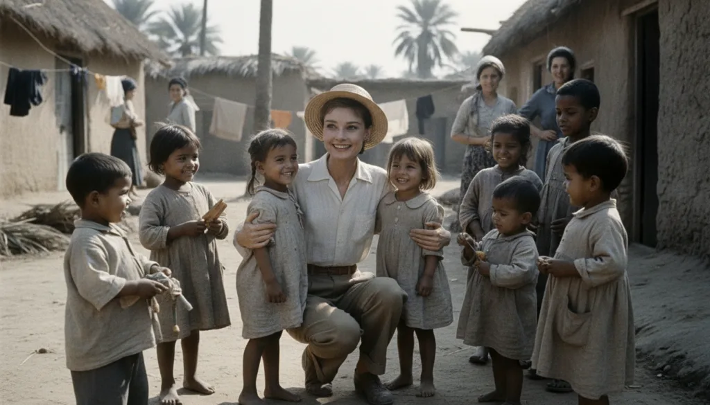 Audrey Hepburn as a UNICEF ambassador interacting with children in a humanitarian setting