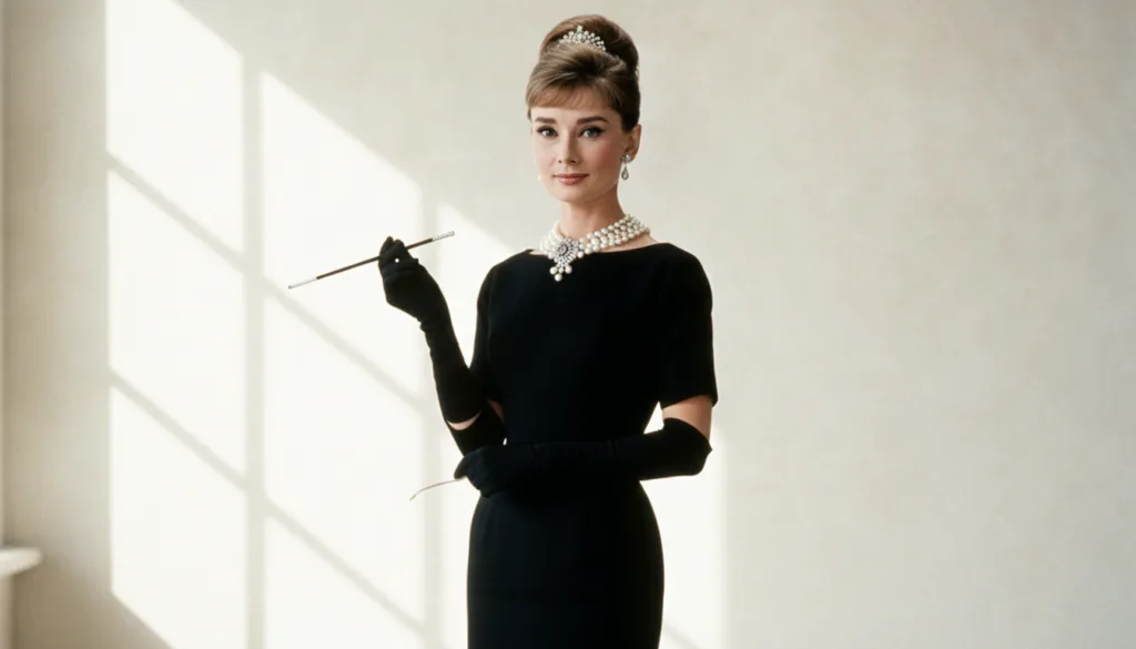 Audrey Hepburn in a classic pose showcasing her signature style and elegant silhouette