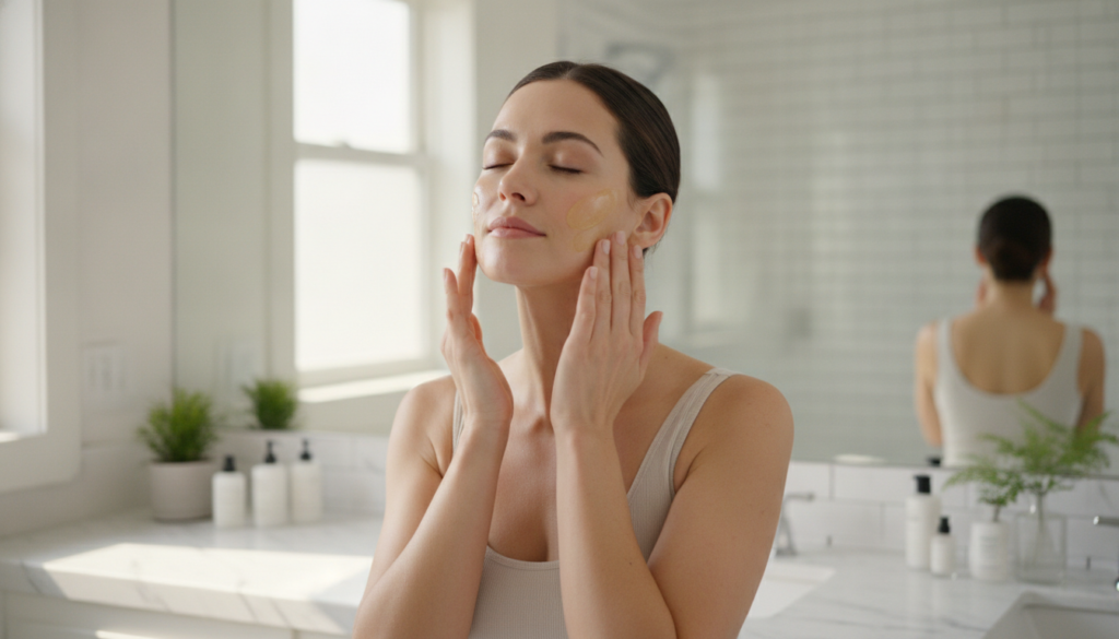 A woman gently massaging a golden facial oil onto her clean face with closed eyes looking serene and pampered