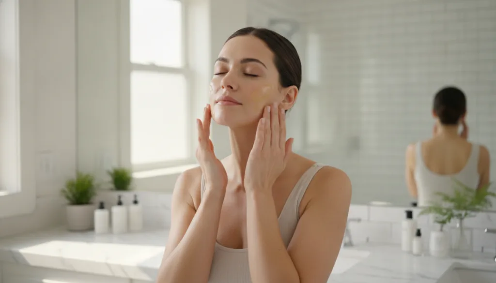 A woman gently massaging a golden facial oil onto her clean face with closed eyes looking serene and pampered