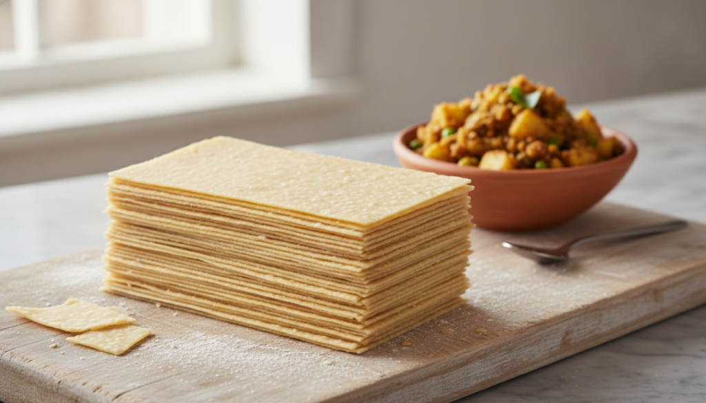 A stack of freshly made thin and translucent homemade samosa sheets neatly cut into rectangular shapes ready for filling