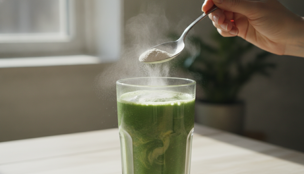 A person s hand stirring a spoonful of the natural beauty powder into a glass of vibrant green smoothie