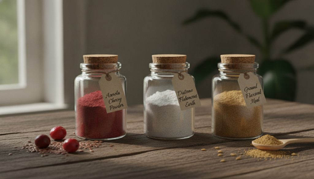 Three small glass jars containing Acerola Cherry Powder Food-Grade Diatomaceous Earth and Ground Flaxseed Meal arranged 