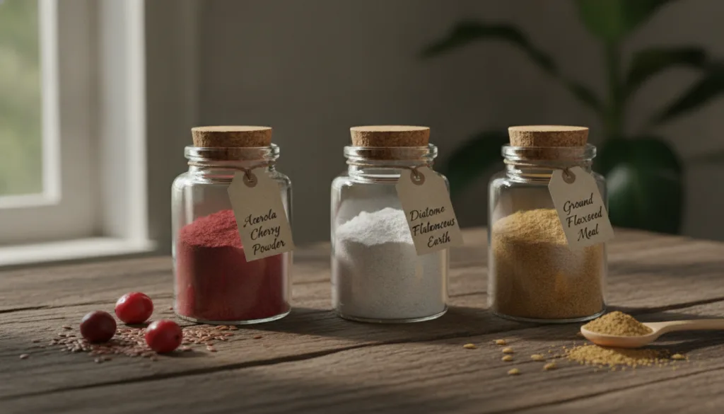 Three small glass jars containing Acerola Cherry Powder Food-Grade Diatomaceous Earth and Ground Flaxseed Meal arranged