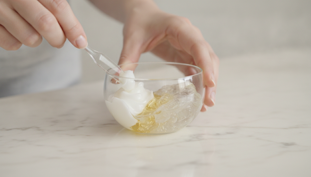 A person s hands gently mixing Vaseline aloe vera gel and a light oil in a small glass bowl with a tiny spatula