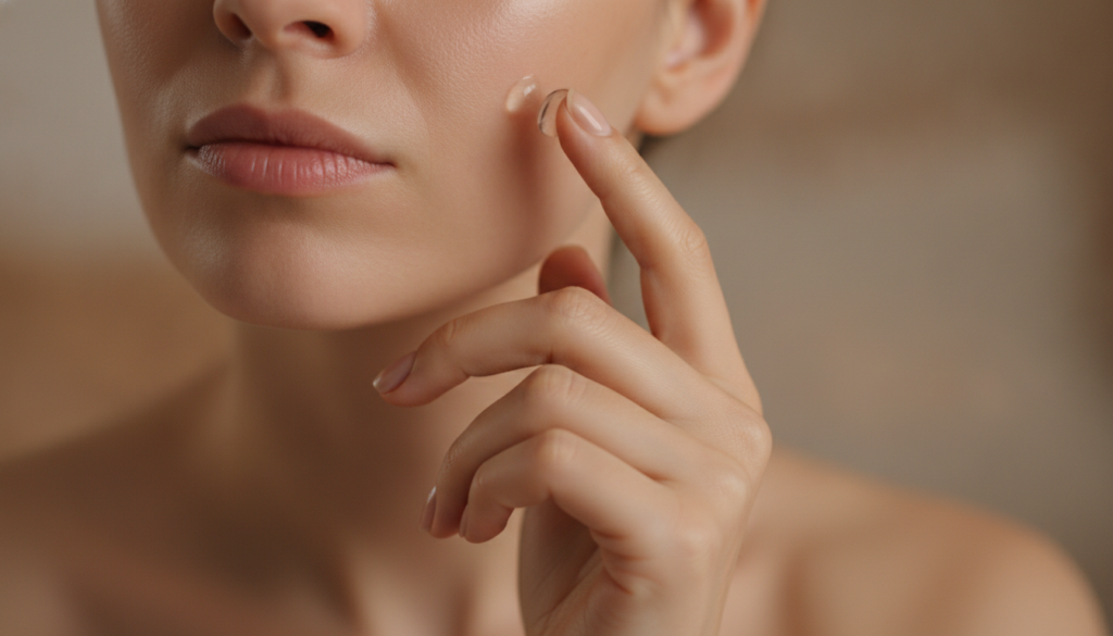 A woman s hand applying a small amount of night gel to her cheek demonstrating gentle application Her skin looks smooth 