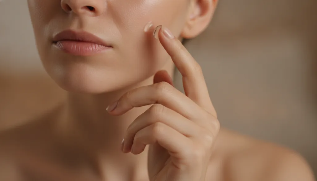 A woman s hand applying a small amount of night gel to her cheek demonstrating gentle application Her skin looks smooth 