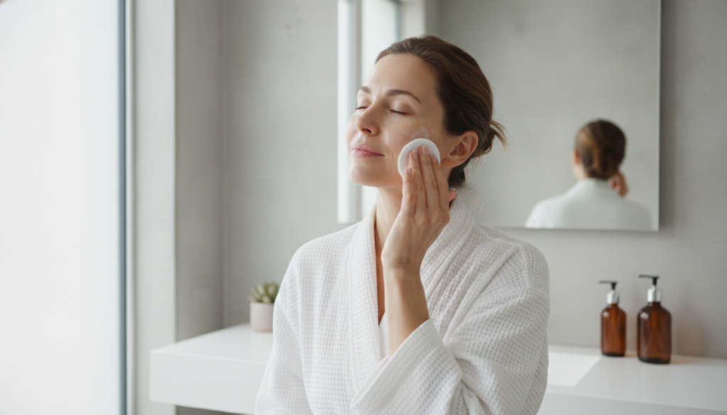 A woman gently applying the homemade clove and lemon elixir to her face with a cotton pad in a well-lit bathroom scene