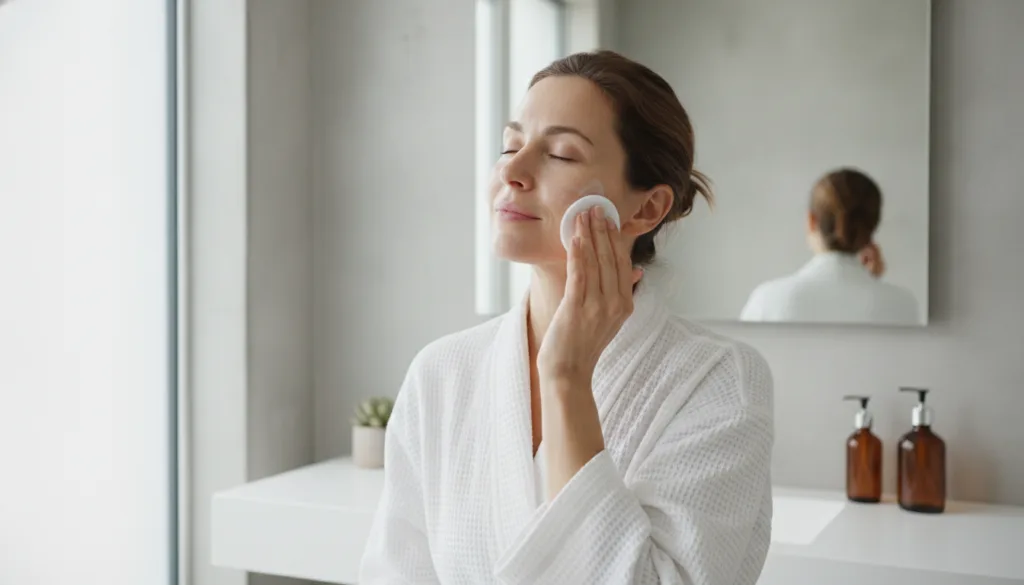 A woman gently applying the homemade clove and lemon elixir to her face with a cotton pad in a well-lit bathroom scene