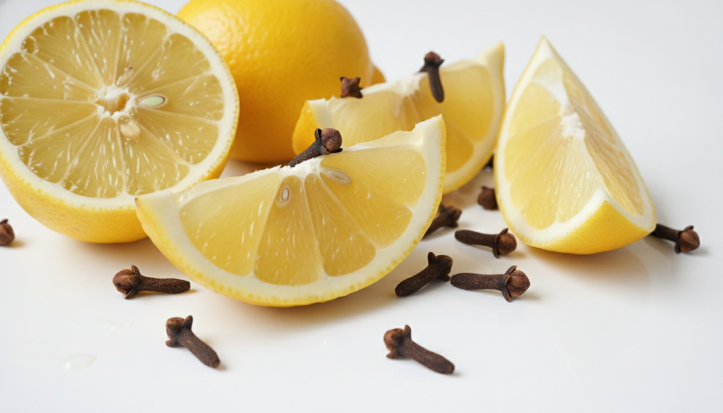 A collection of cloves and fresh lemon halves neatly arranged on a white background highlighting the natural ingredients