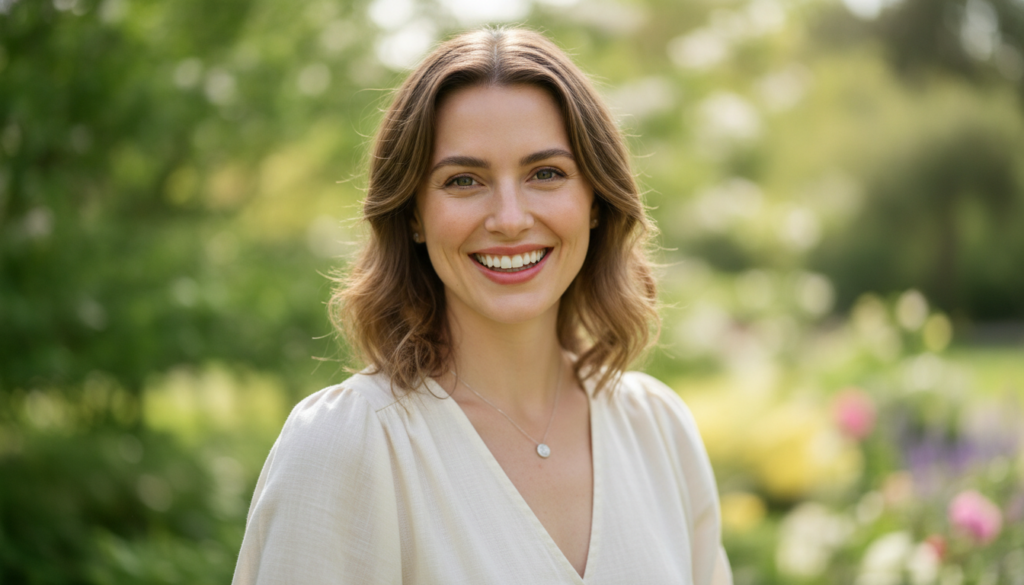 A smiling woman with radiant healthy-looking skin enjoying a natural glow outdoors in soft daylight