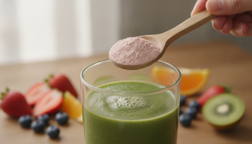 A hand holding a wooden spoon with light pink powder about to add it into a clear glass of a green smoothie with fresh f