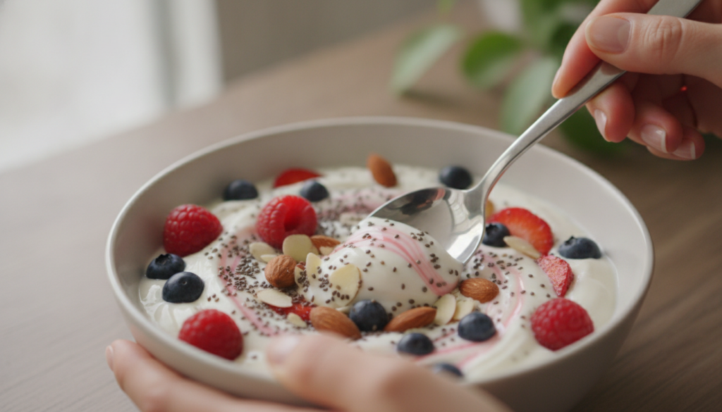 Close-up shot of hands mixing a daily beauty bowl with a spoon showing the fresh ingredients