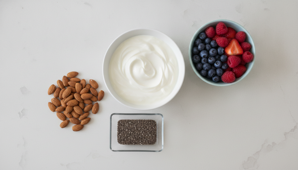 A spread of individual ingredients like Greek yogurt a bowl of berries chia seeds and almonds on a clean surface