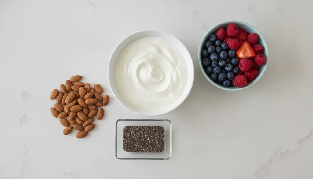 A spread of individual ingredients like Greek yogurt a bowl of berries chia seeds and almonds on a clean surface