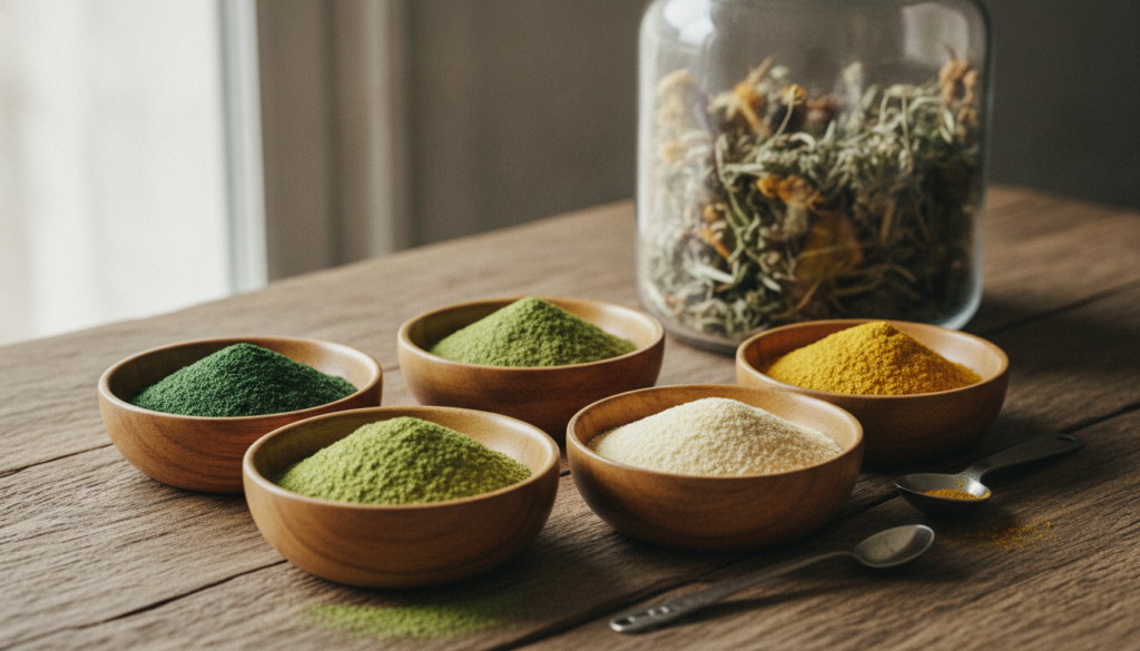 Various green and yellow powders in small bowls ready to be mixed with a glass jar in the background