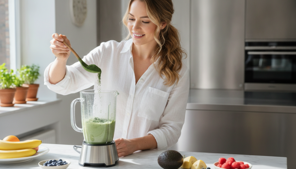 A woman adding a spoonful of green powder into a smoothie blender looking healthy and radiant