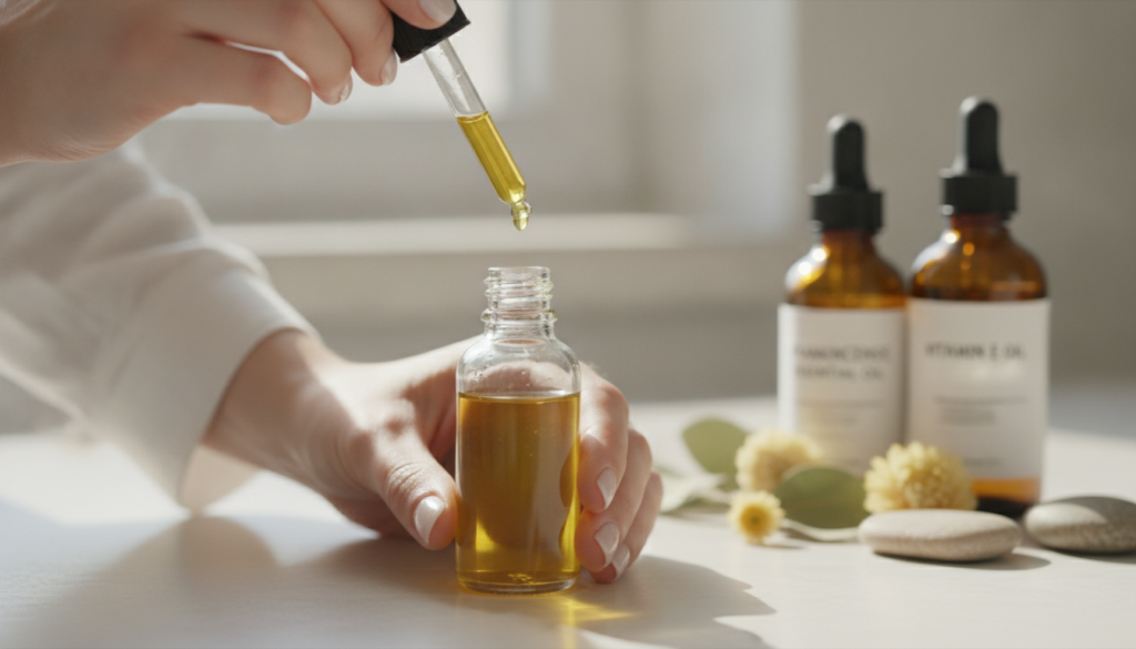 Hands carefully measuring jojoba oil into a small glass dropper bottle with frankincense essential oil and vitamin E oil