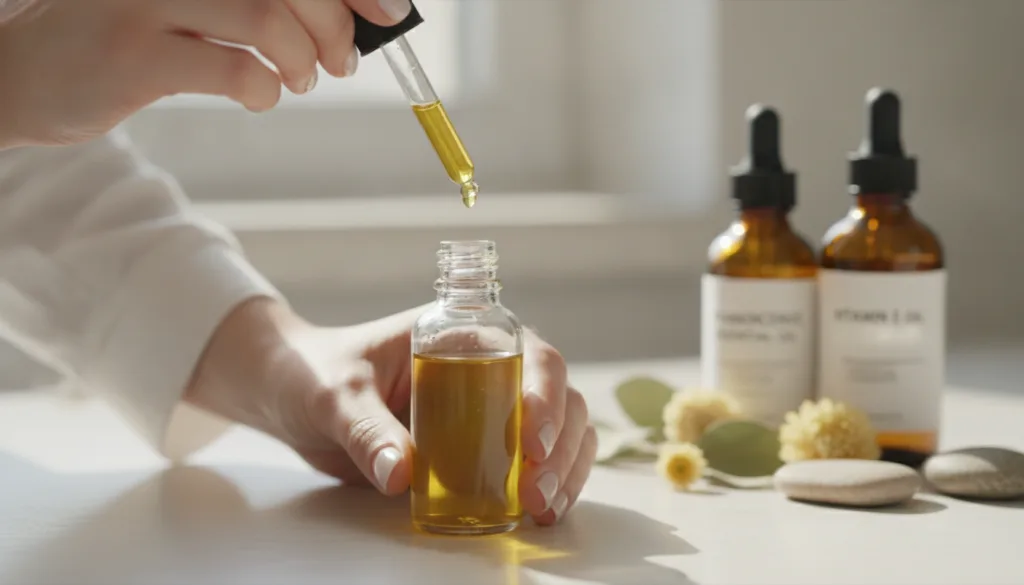 Hands carefully measuring jojoba oil into a small glass dropper bottle with frankincense essential oil and vitamin E oil