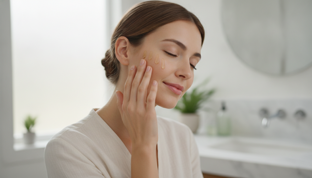 A woman gently massaging a few drops of face oil onto her cheek with a soft radiant glow on her skin and a peaceful expr