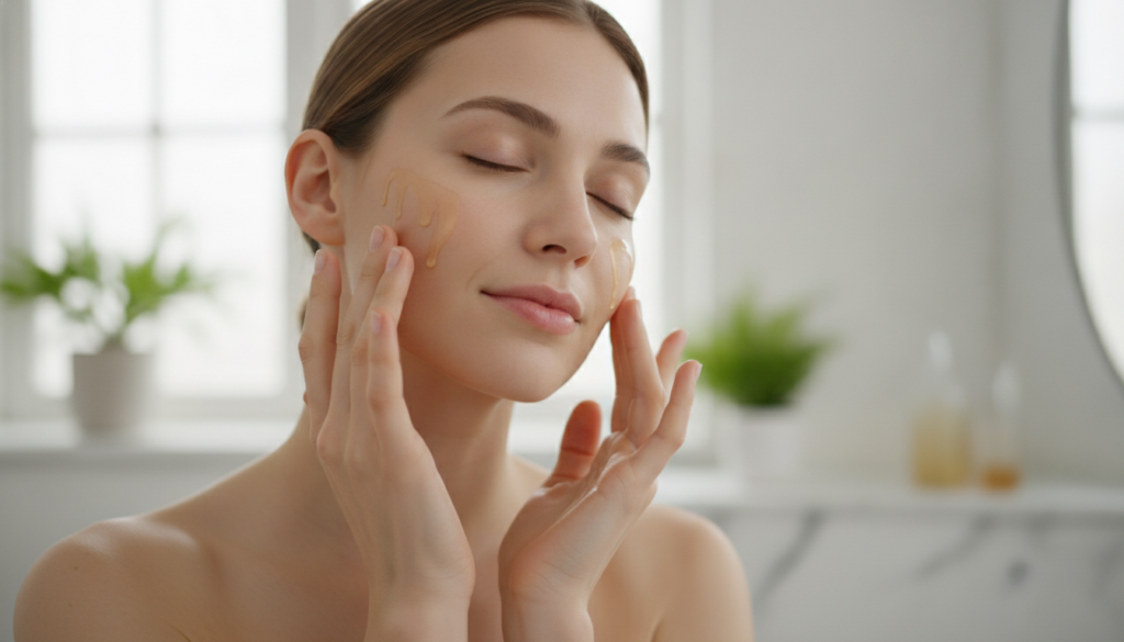 A woman gently massaging a few drops of face oil onto her clean face and neck with her fingertips demonstrating the appl
