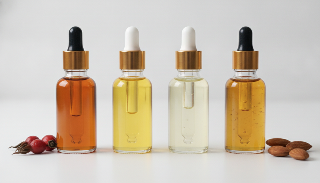 Close-up of small glass bottles of rosehip oil jojoba oil sweet almond oil and vitamin E oil ready for mixing on a clean