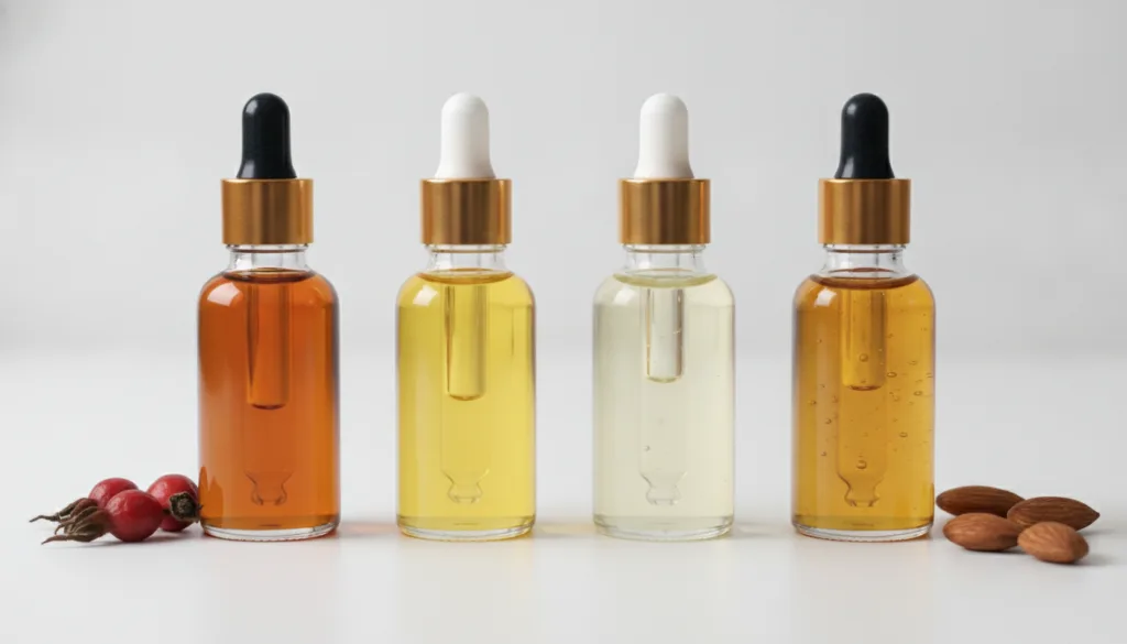 Close-up of small glass bottles of rosehip oil jojoba oil sweet almond oil and vitamin E oil ready for mixing on a clean
