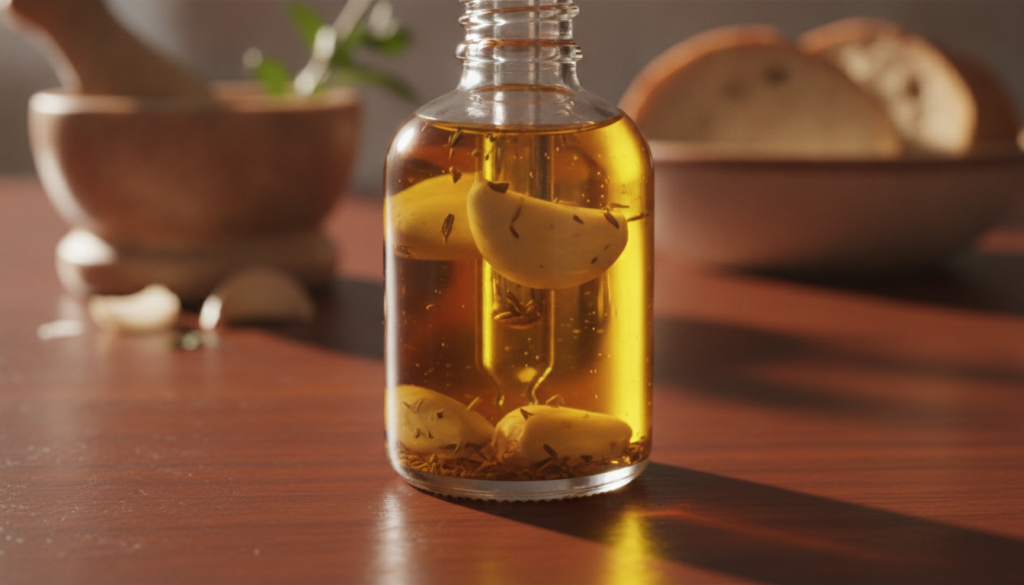 A small amber glass dropper bottle filled with homemade garlic oil placed on a dark wooden surface with a label and cork