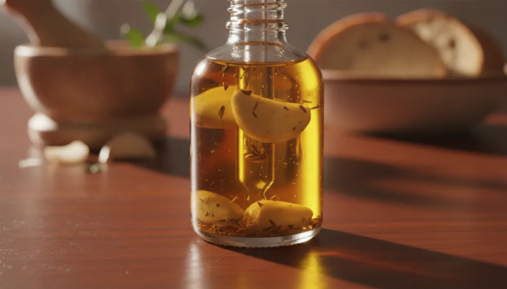A small amber glass dropper bottle filled with homemade garlic oil placed on a dark wooden surface with a label and cork