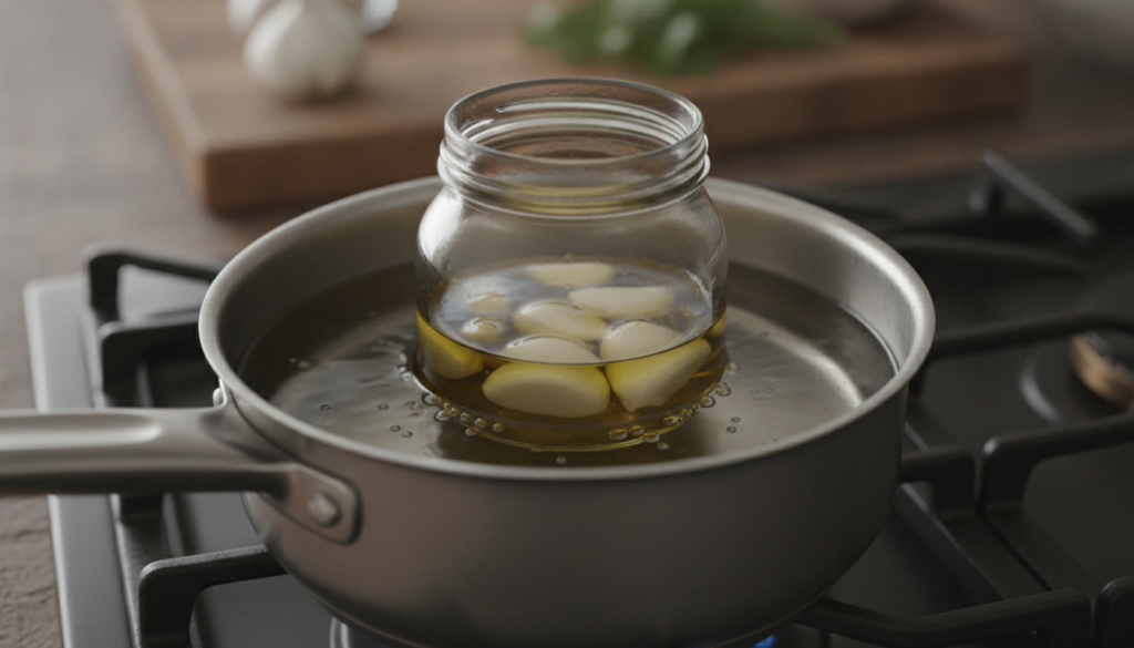 A close-up shot of a small saucepan on a stovetop containing olive oil with gently crushed garlic cloves infusing over v