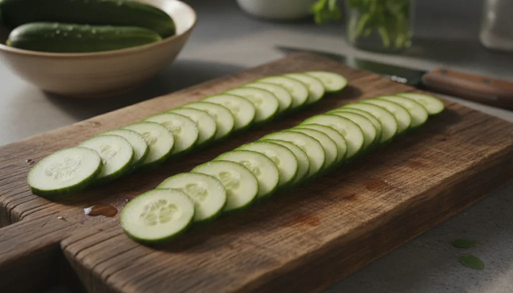 Freshly sliced cucumber pieces arranged on a cutting board ready for use