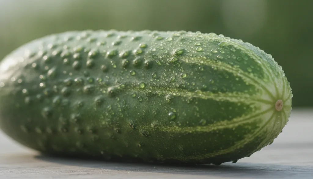A close-up of a whole fresh green cucumber showing its texture possibly with water droplets