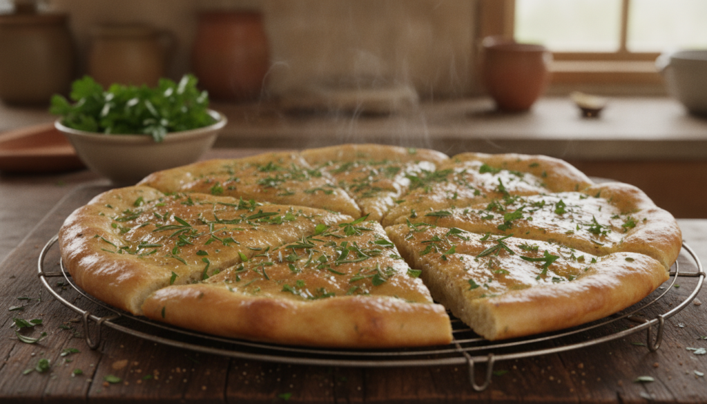Warm golden garlic herb flatbread brushed with olive oil and sprinkled with fresh herbs cut into wedges on a cooling rac