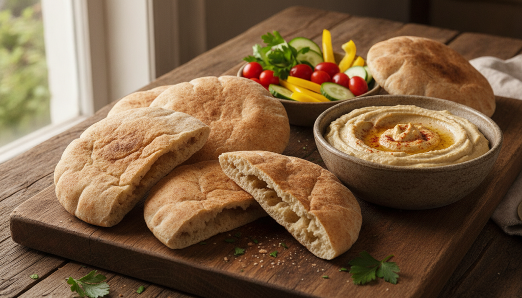 Whole wheat pita bread on a rustic wooden board some cut open to form pockets next to a bowl of hummus and fresh vegetab