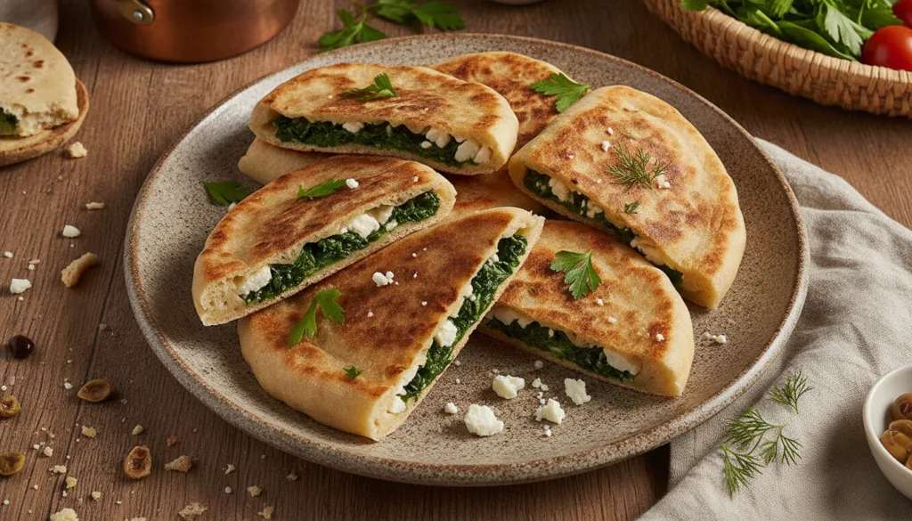 Golden brown stuffed flatbreads with visible spinach and feta filling cut in half on a plate Garnished with fresh herbs 