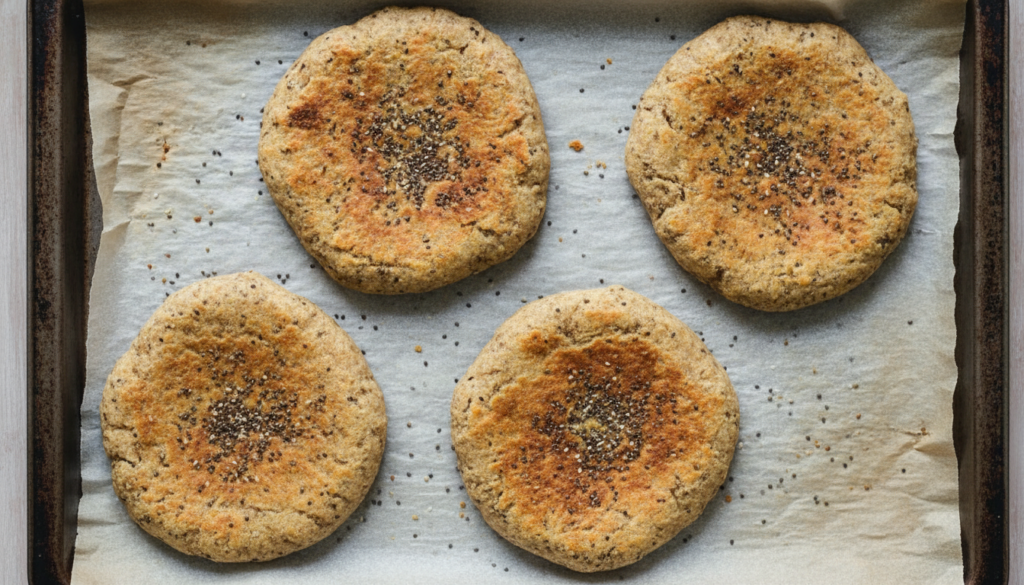 Gluten-free chia seed flatbreads lightly browned and rustic on a parchment-lined baking sheet Minimalist clean food styl