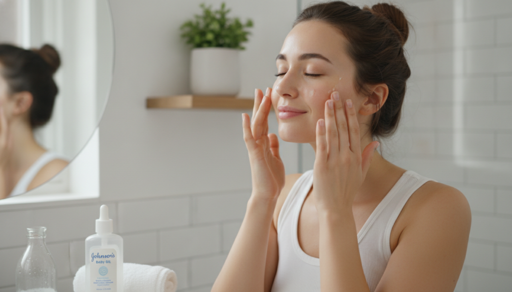 A woman gently applying baby oil to her clean face with her fingertips demonstrating a skincare routine in a well-lit ba