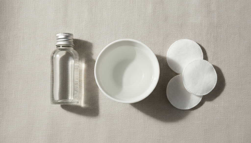 A minimalist flat lay of a baby oil bottle a small white bowl of water and a few cotton pads representing simple beauty 