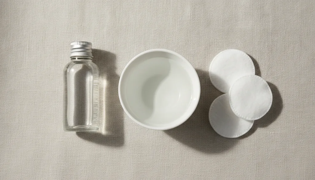 A minimalist flat lay of a baby oil bottle a small white bowl of water and a few cotton pads representing simple beauty